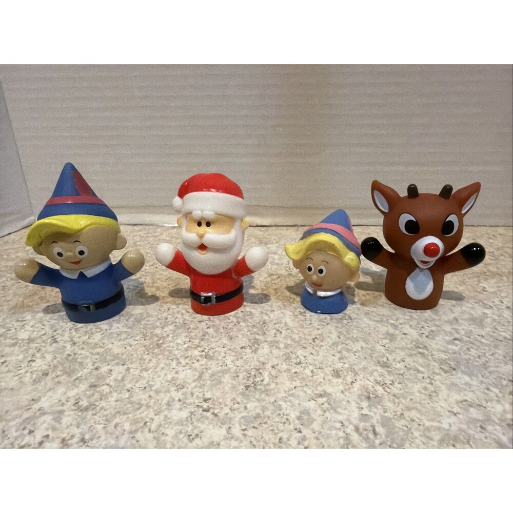 Rudolph the Red Nosed Reindeer 4 Ct Rubber Finger Puppet Bath Toy Set Santa 2”